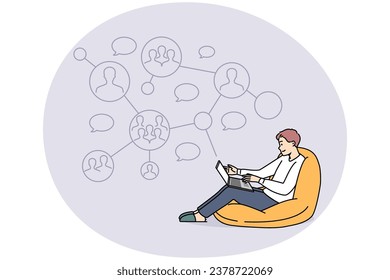 Smiling man work on laptop communicate with colleague on network online. Happy male employee communication with coworkers on computer. Vector illustrations.