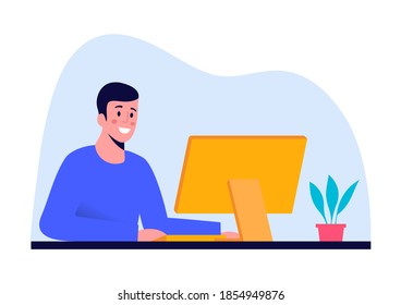 Smiling man working at computer at office or at home. Computer on the table - monitor and keyboard and potted plant. Working process, freelance, home office, office worker. Vector illustration.