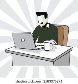 a smiling man working with a laptop at his desk