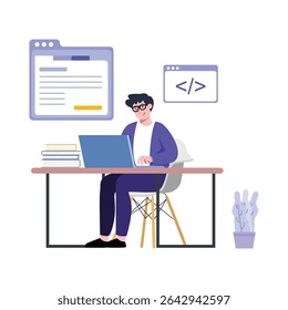 Hombre sonriente que trabaja en el ordenador portátil azul en el escritorio con los archivos de código en una Ilustración vectorial mínima, ideal para la tecnología, la educación, y el trabajo-desde-casa materiales de marketing.