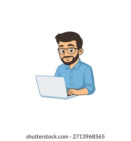 Hombre sonriente que trabaja en el ordenador portátil
