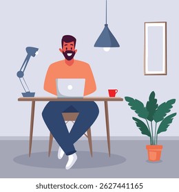Hombre sonriente que trabaja a distancia desde casa en el escritorio del ordenador portátil con el interior moderno y la atmósfera acogedora – Ilustración vectorial plana