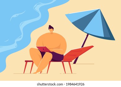 Smiling man working remotely on beach. Male cartoon character with laptop on seashore flat vector illustration. Freelancing, remote work, vacation concept for banner, website design or landing page