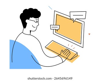 A smiling man works at computer keyboard in modern digital workspace, representing online communication, creative publishing, and technology interaction in minimal style