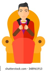 A smiling man wrapped into a plaid holding a cup of hot flavored tea vector flat design illustration isolated on white background. Vertical layout.