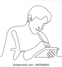 smiling man writes something on a thick notebook or book. One continuous line drawing of a man signs a card, an invitation to someone close, he is happy and grateful