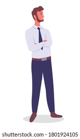 Smiling man young businessman dressed in shirt and tie standing crossed his arms over his chest at full height on white. Businessperson male character in formal clothes office worker or employee