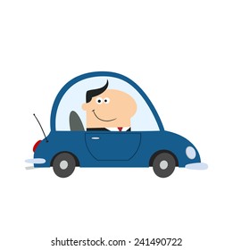 Smiling Manager Driving Car To Work In Modern Flat Design Vector Illustration.Isolated on white