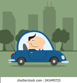 Smiling Manager Driving Car To Work In City.Modern Flat Design Vector Illustration