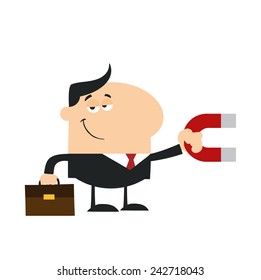 Smiling Manager Holding A Magnet.Flat Design Style Vector Illustration Isolated On White