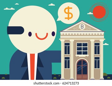 Smiling Manager holds a bank while speaking a financial thing