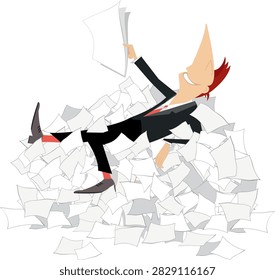 Smiling manager lays on a pile of papers.
Office work. File clerk lays on a huge pile of papers 
