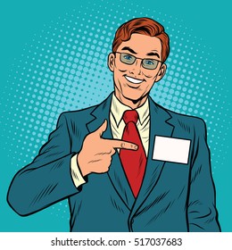 Smiling Manager with a name badge, pop art retro vector illustration. Caucasian European people