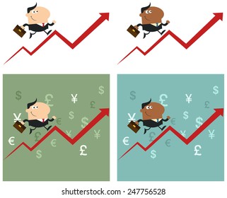 Smiling Manager Running Up A Success Arrow. Flat Style Vector Collection Set