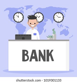 Smiling manager standing behind the bank reception desk. Financial consulting. Service. Flat editable vector illustration, clip art