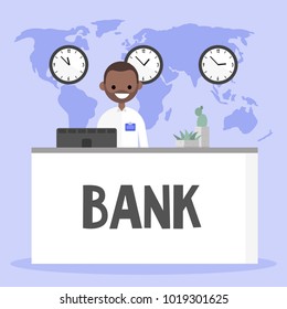 Smiling manager standing behind the bank reception desk. Financial consulting. Service. Flat editable vector illustration, clip art