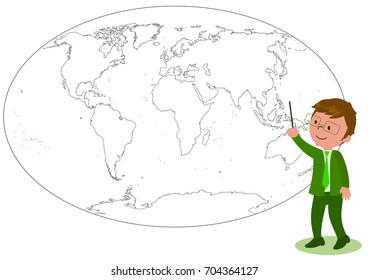 Smiling manager or teacher showing something on a black and white world map illustration