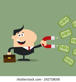 Smiling Manager Using A Magnet To Attracts Money.Flat Design Style Vector Illustration