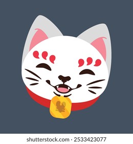 Smiling Maneki Neko head in flat vector design.