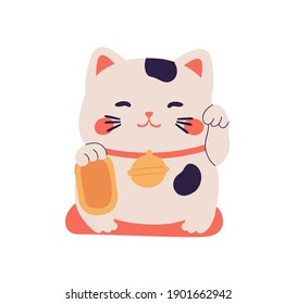 Smiling Maneki Neko toy waving with left paw. Japanese beckoning cat, symbol of luck, fortune, wealth and prosperity. Colored flat vector illustration isolated on white background