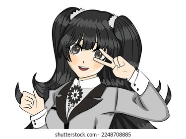 Smiling manga girl with big eyes wearing japanese school uniform. Hand drawn vector illustration