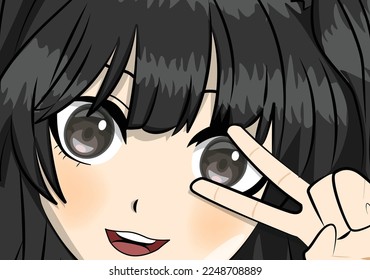 Smiling manga girl with big eyes. Hand drawn vector illustration