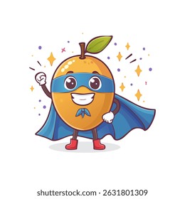 Smiling mango superhero cartoon with mask and cape. Adorable fruit vector illustration great for Father's Day, children’s designs, greeting cards, and playful branding