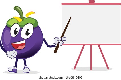 a smiling mangosteen character presenting something on white board