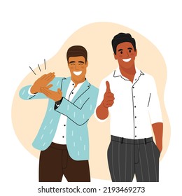 Hombres sonrientes Aplaudiendo manos agradeciendo o mostrando aprecio en el evento. Feliz gente Applaud celebra buen trato. Agradecimiento y gratitud. Ilustración vectorial plana aislada en fondo blanco.