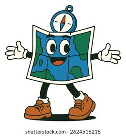 Smiling map cartoon character wearing boots and a compass on its head, arms open wide in explorer pose, ideal for navigation tools, travel-themed designs, or adventure branding visuals.