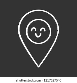 Smiling map pin character chalk icon. Easy GPS navigation. Happy map pinpoint, marker. Emoji, emoticon. Isolated vector chalkboard illustration