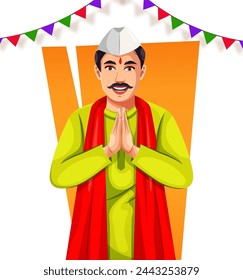 Smiling Marathi Indian man greeting, standing in a greeting pose to Namaste hands, isolated on white background, a man wearing kurta dhoti. Avatar Vector illustration. Tradition and Fashion of India