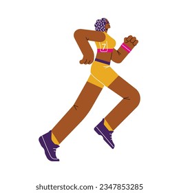 Sonriente maratón corredor mujer vista lateral estilo plano, ilustración vectorial aislada en fondo blanco. Diseño decorativo, deporte y ocio, estilo de vida activo y saludable