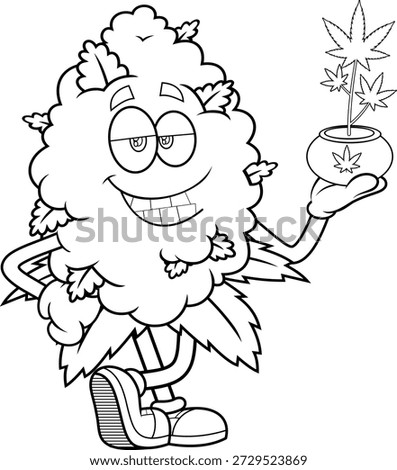 Smiling Marijuana Bud Cartoon Character With Cannabis Pot – Black and White Vector Hand Drawn Illustration Isolated On Transparent Background