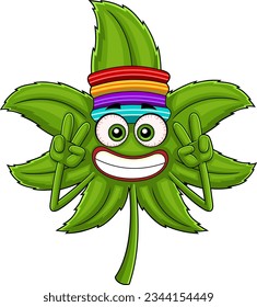 Smiling Marijuana Leaf Cartoon Character Showing Peace Hand Sign. Vector Hand Drawn Illustration Isolated On Transparent Background
