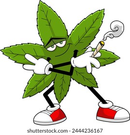 Smiling Marijuana Leaf Cartoon Character With A Joint Danced. Vector Hand Drawn Illustration Isolated On Transparent Background