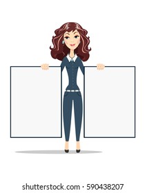 Smiling marketing manager holds big white poster in hand. Happy woman with blank paper list. Businesswoman with copy space board for advertising text or product. Young female showing. vector