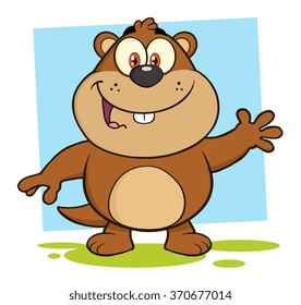 Smiling Marmot Cartoon Character Waving. Vector Illustration Isolated On White