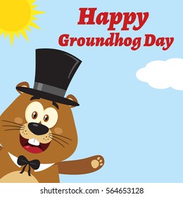 Smiling Marmot Cartoon Mascot Character With Hat Waving From Corner. Vector Illustration Flat Design With Background And Text Happy Groundhog Day