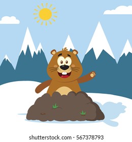 Smiling Marmot Cartoon Mascot Character Waving In Groundhog Day. Vector Illustration Flat Design With Background