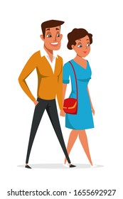 Una pareja casada sonriente pasaba tiempo juntos aislada en blanco. Personas cónyuges tomándose de la mano. Hombre y mujer en la cita. Relación romántica de pareja amorosa. Felices novias. Ilustración del vector