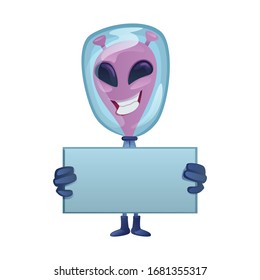 Smiling martian with blank banner flat cartoon vector illustration. Happy extraterrestrial. Ready to use 2d character template for commercial, animation, printing design. Isolated comic hero