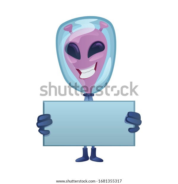 Smiling martian with blank banner flat cartoon\
vector illustration. Happy extraterrestrial. Ready to use 2d\
character template for commercial, animation, printing design.\
Isolated comic hero