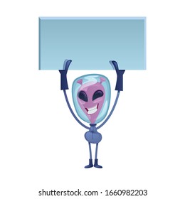 Smiling martian flat cartoon vector illustration. Extraterrestrial holding blank banner. Ready to use 2d character template for commercial, animation, printing design. Isolated comic hero