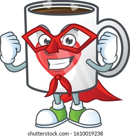 Smiling mascot of cup of coffee with heart love dressed as a Super hero