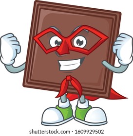 Smiling mascot one bite chocolate bar dressed as a Super hero