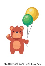 Smiling mascot teddy bear holds balloons icon isolated