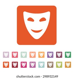 The smiling mask icon. Comedy and theater symbol. Flat Vector illustration. Button Set