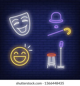 Smiling mask, microphone, hat and cane neon signs set. Show invitation, entertainment, and concert design. Night bright neon sign, colorful billboard, light banner. Vector illustration in neon style.