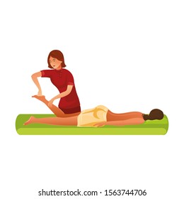 Smiling masseur standing and making massage of feet vector illustration